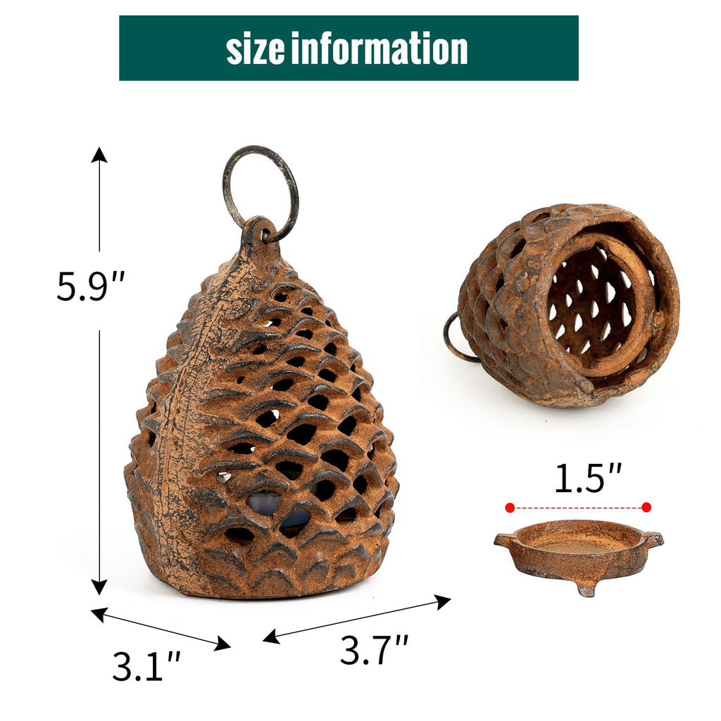Cast Iron Lantern, Full Rust - Pinecone Hanging Candle Holder