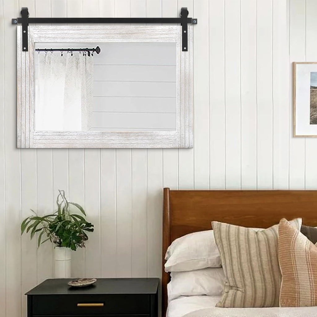Large Barn Door Mirror with Wood Framed Rectangle Mirrors for Wall Bathroom Vanity Mirror Decorative Farmhouse