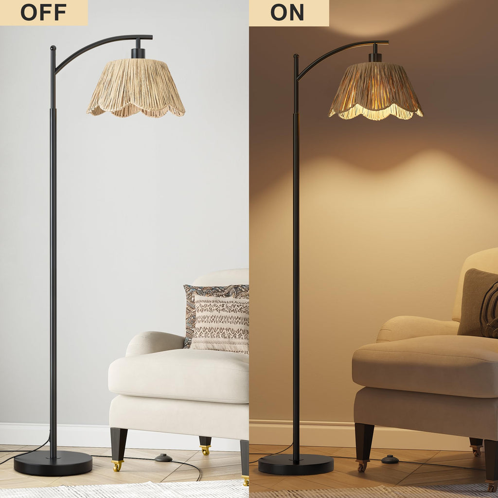 Arc Floor Lamp with 3 Color Temperatures, Rattan Boho Floor Lamp with Hand-Woven Wicker Shade, Farmhouse Floor Lamps