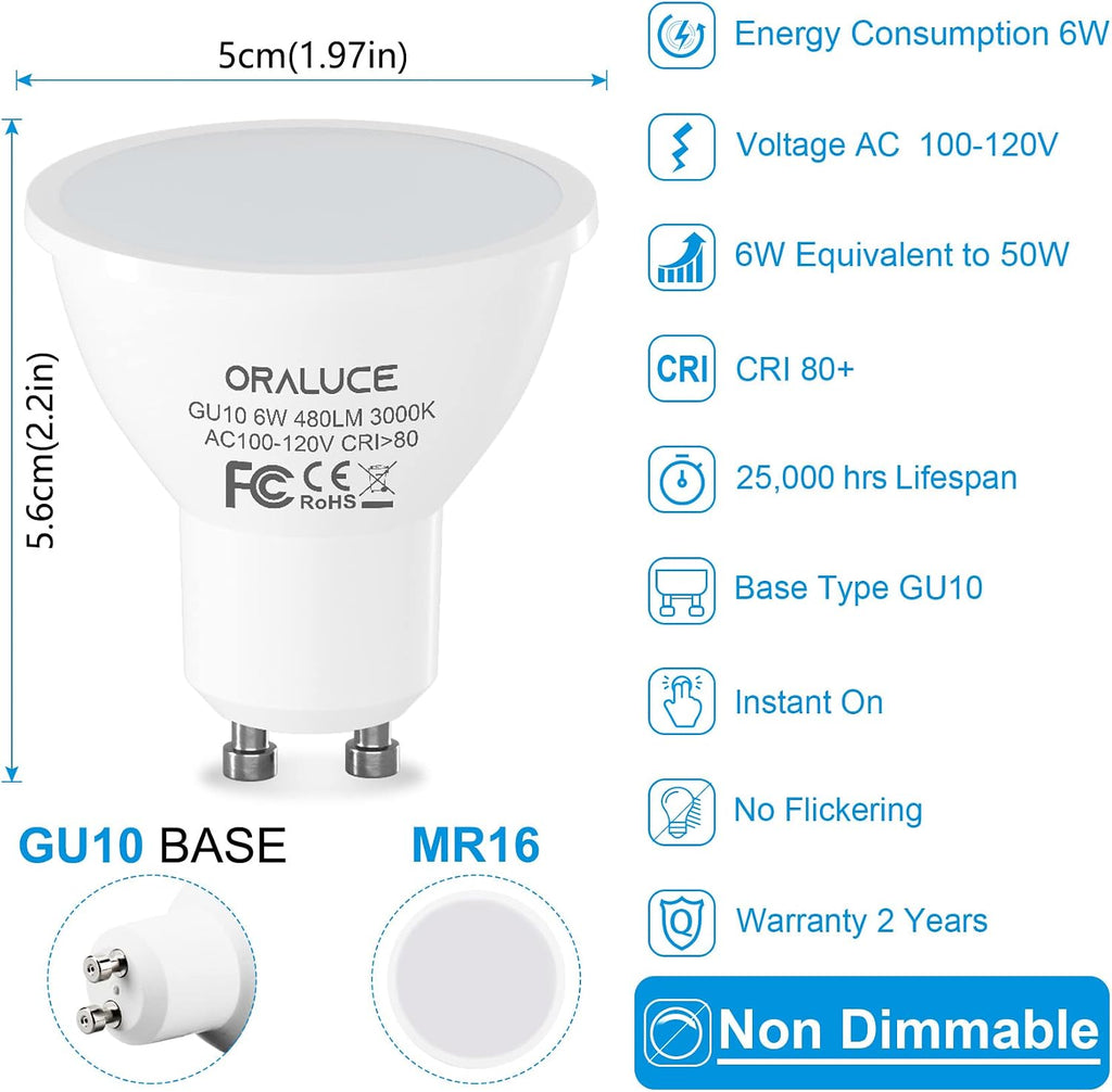 GU10 LED Bulb 50 Watt, 3000K Warm White MR16, 6 Pack