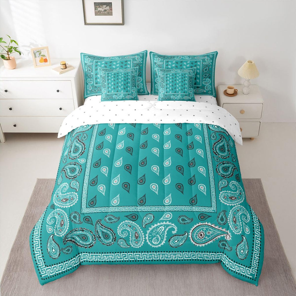 Turquoise Bandana 7pcs Comforter Set Full Size, Boho Paisley Bandanas Bedding Set for All Season, Bohemian Chic Floral