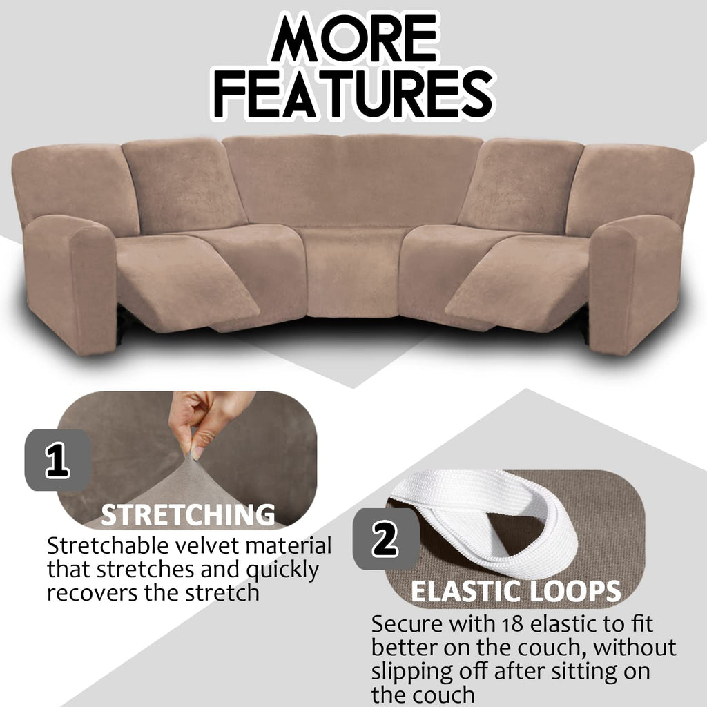 7-Piece L Shape Sectional Recliner Sofa Covers, Velvet Stretch Reclining Couch Covers for Reclining L Shape Sofa