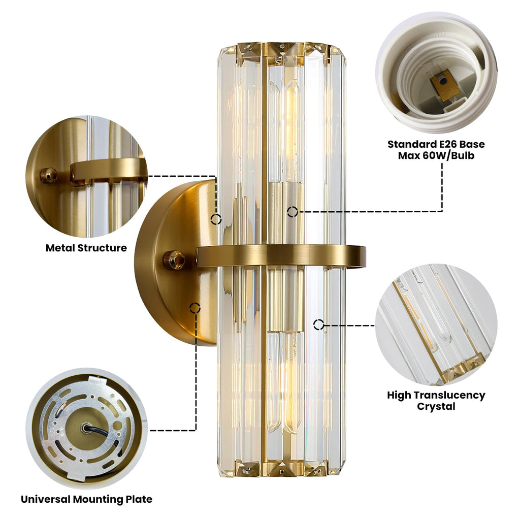 Gold Crystal Wall Sconces 11.8-Inch Modern Luxury Bathroom Sconces Light