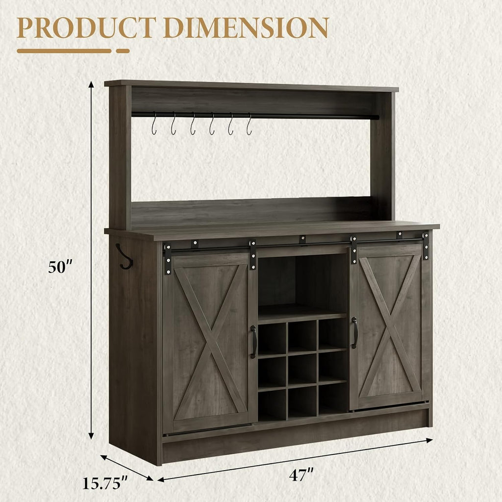 47" Farmhouse Coffee Bar Cabinet with Storage Hutch, Grey | Coffee Bar Station with Sliding Barn Door, 6 Hooks and