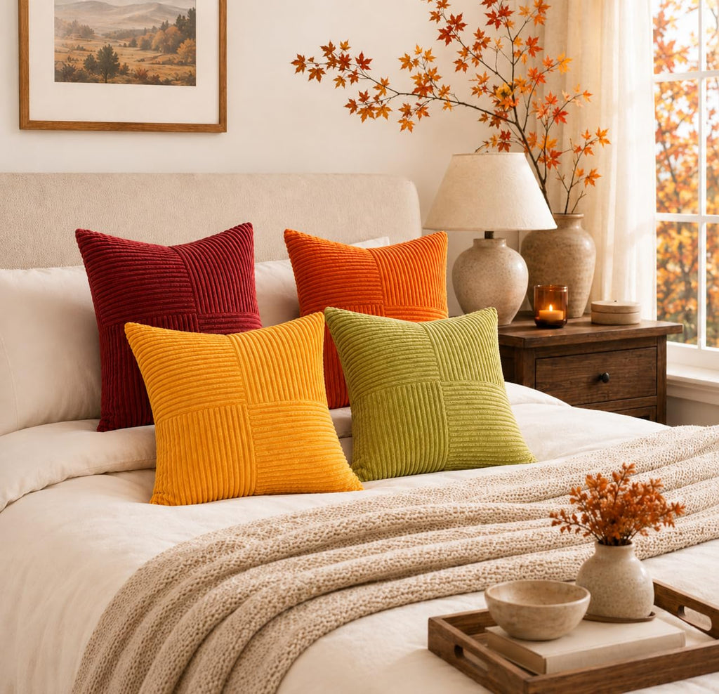 Fall Burnt Orange Decorative Throw Pillows Covers 18x18, Soft Corduroy Square Throw Pillow Covers Set of 4, Western
