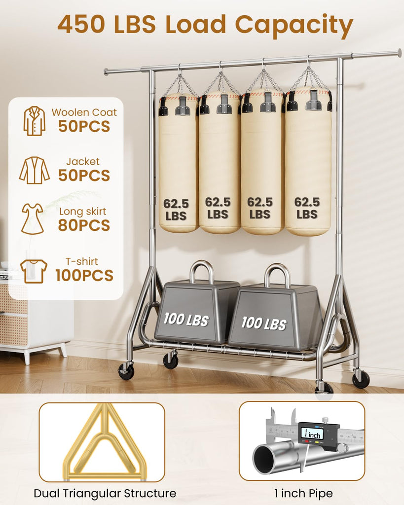 Heavy Duty Clothes Rack for Hanging Clothes with Wheels, Silver