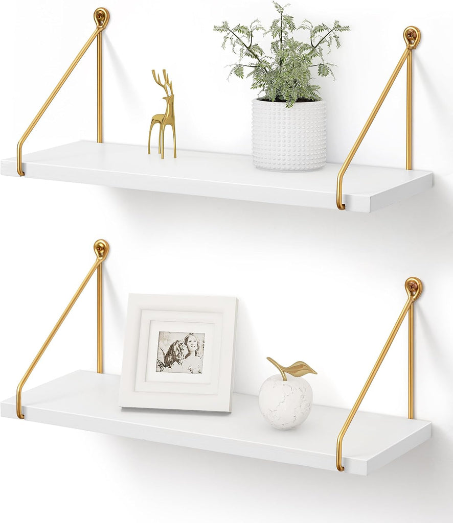 Floating Shelves for Wall, White and Gold Shelf, Display Wall Shelves | Hanging Bookshelf with Bracket, Solid Wood