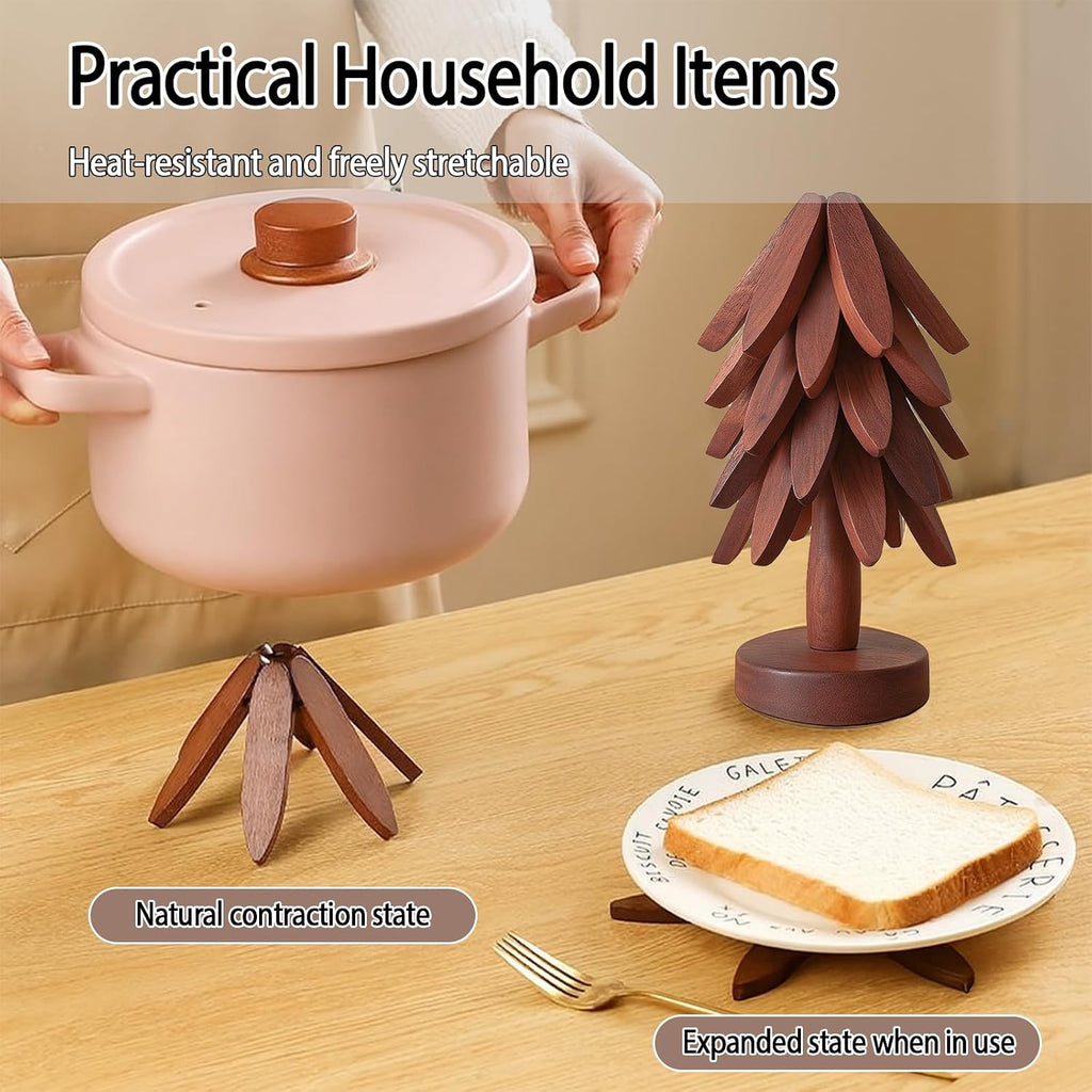 Natural Tree Trivet Set for Hot Dishes - Foldable Wooden Trivets for Hot Pots&Bowls, 5 Walnut Color Wood Heat - Set of 5