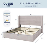 Queen Lift Up Storage Bed, Modern Wingback Headboard, Hydraulic Support, No Box Spring Needed, Light Beige