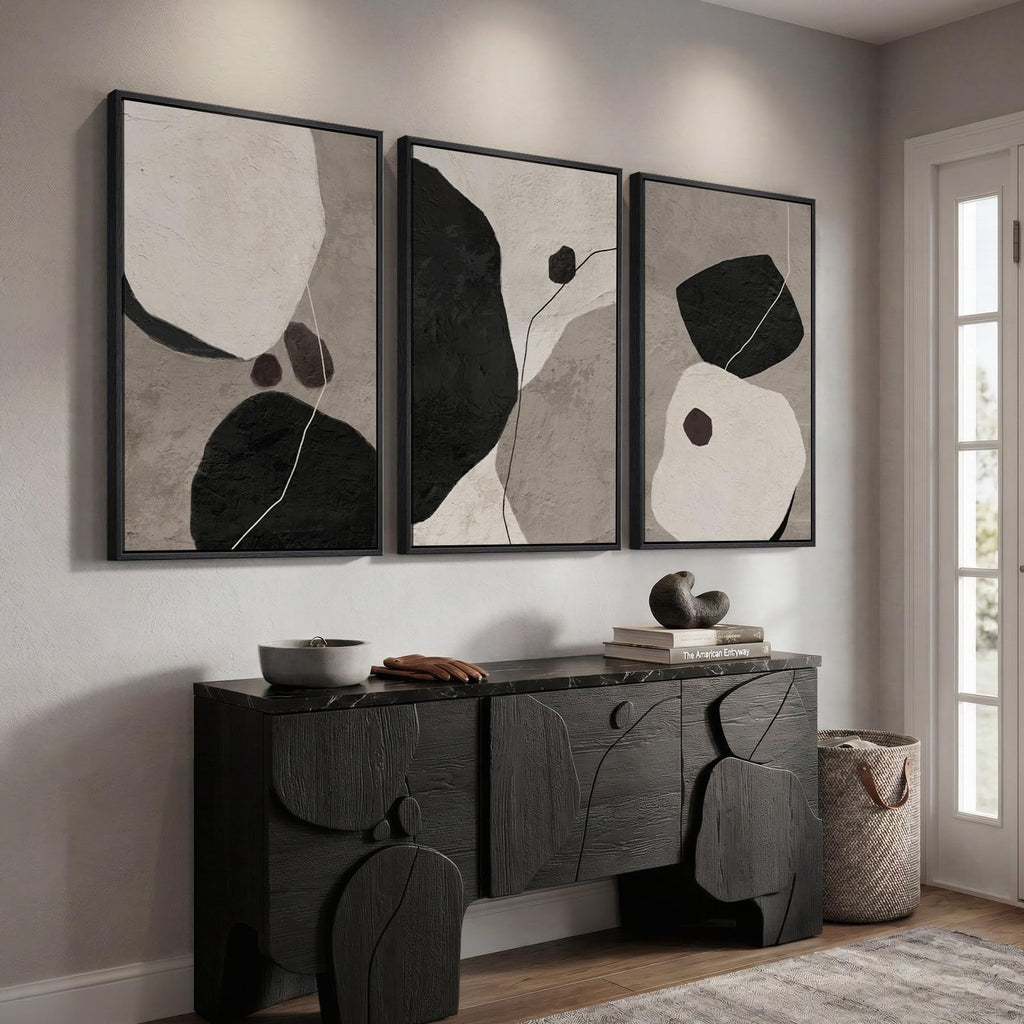 Large Framed Black and White Abstract Wall Art, 3 Piece Set, Each 24x36 In