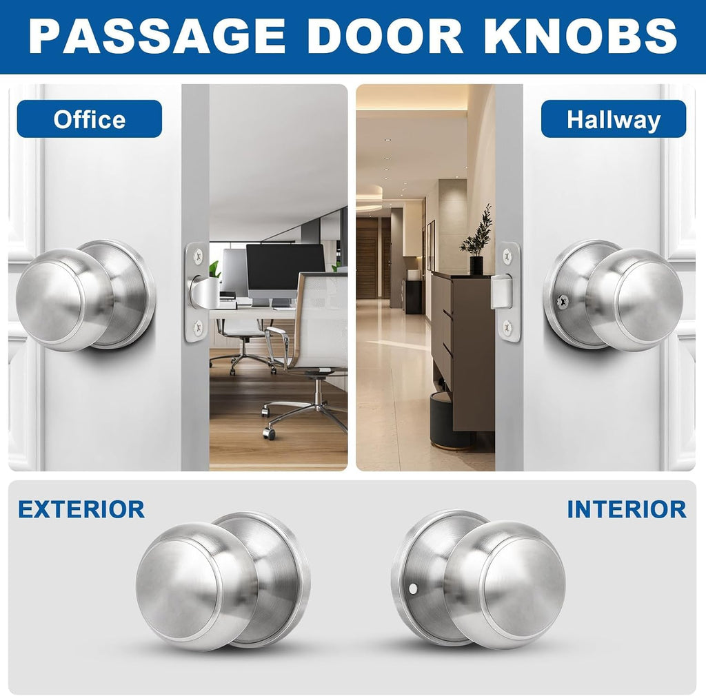 Brushed Nickel Door Knob, 10 Pack Round Keyless Doorknobs Interior Lockset
