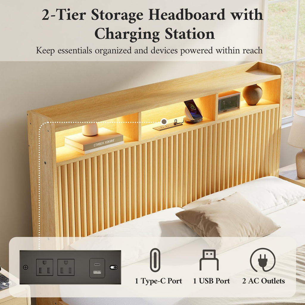Full Size Bed Frame with Headboard and Storage Drawers, Full Platform Bed Frame with LED Lights and Charging Station