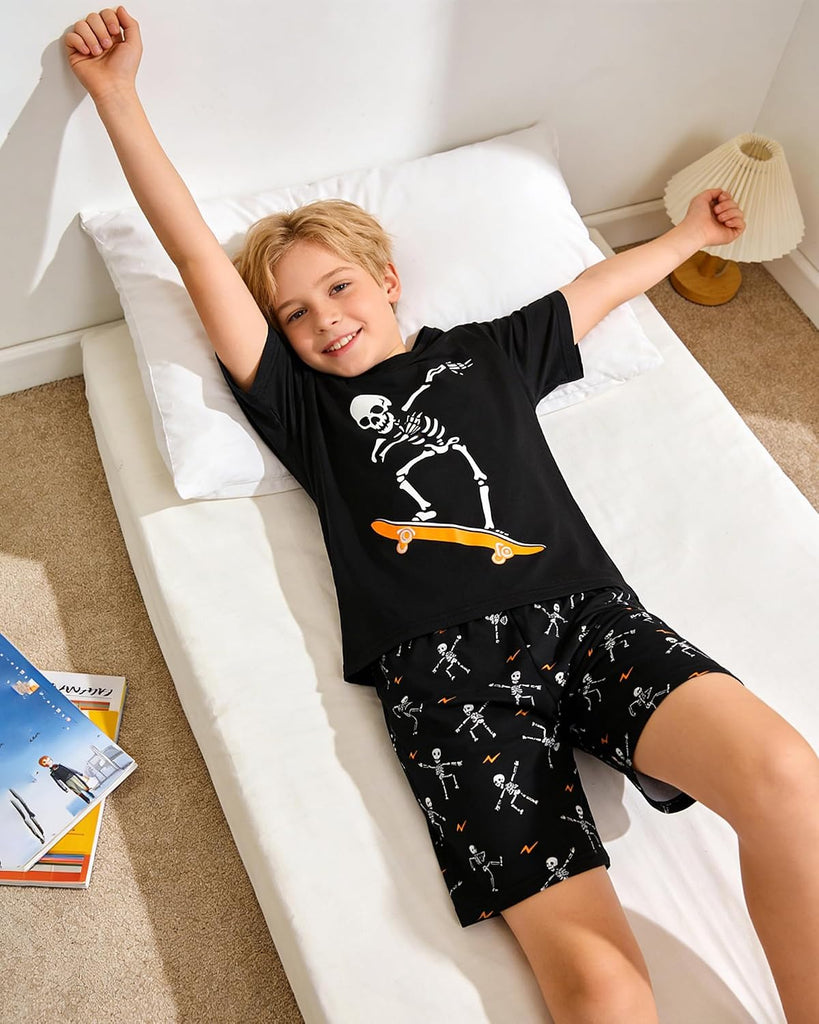 Boys Pajamas Sets Glow in Dark Summer Short Sleeve Sleepwear Skull Kids Pjs