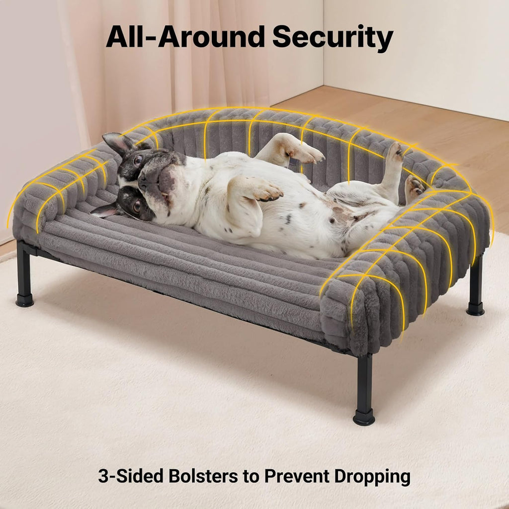 Elevated Dog Bed with Bolster Cushion, Fluffy Plush Dog Couch Beds for Small Dogs, Cats, Washable Raised Pet Cot