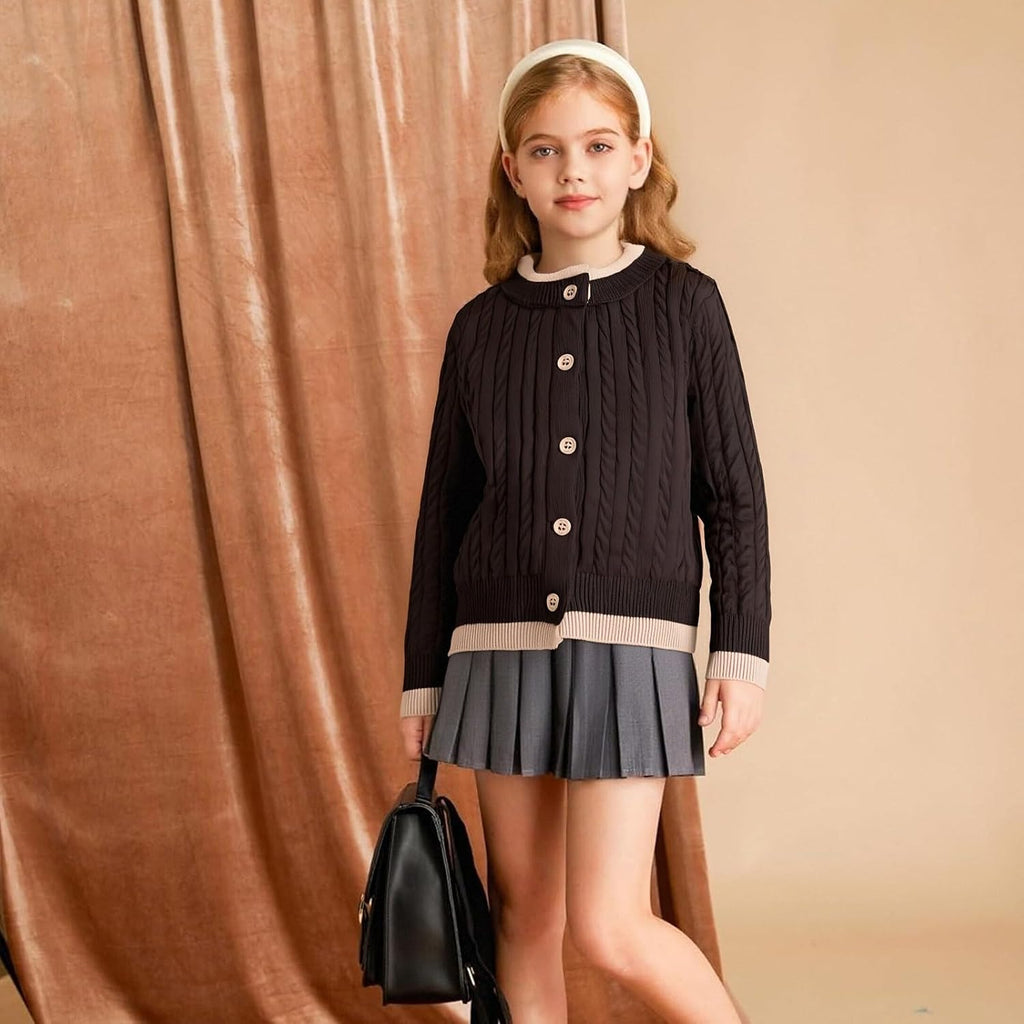 Girls Fake Two-Piece Cardigan Cable Knit Sweater Kids Cute Coat