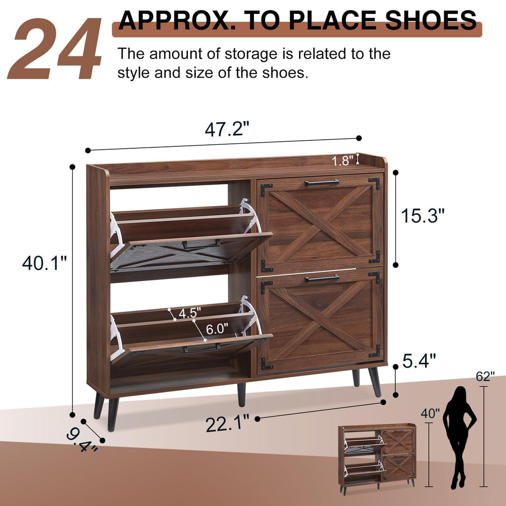 Farmhouse Shoe Storage Cabinet, Shoe Organizer with 4 Flip Drawers
