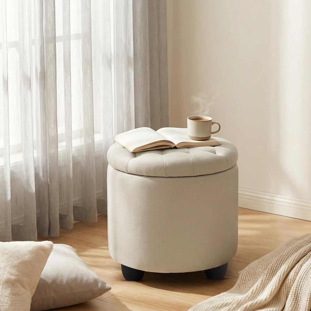 Modern Round Storage Ottoman, Button Tufted Ottoman Foot Stools Ottoman Footstool with Removable Lid Storage Ottoman
