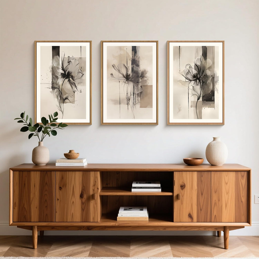 Large Black Beige Floral Canvas Wall Art Set 3, Neutral Abstract Florals Framed Prints, Brushstroke Geometry Line