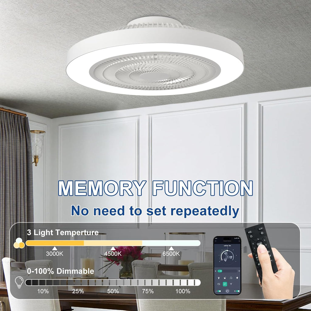 Modern Ceiling Fan with Light: 19" Bladeless Flush Mount Low Profile LED Ceiling Fans with Remote & Smart APP Control