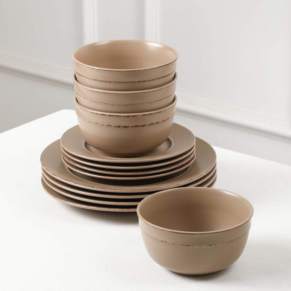 Hazel 24-Piece Stoneware Dinnerware Set, Plates and Bowls Set, Dishwasher and Microwave Safe, Dish Set for 8, Sand