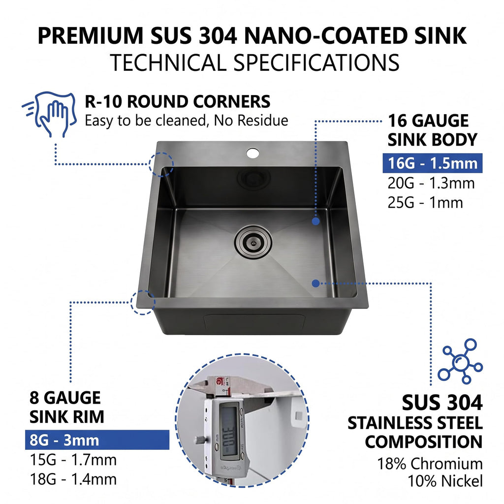 18x18 Inch Black Drop In Bar Sink, Small Kitchen Sink, with Drain