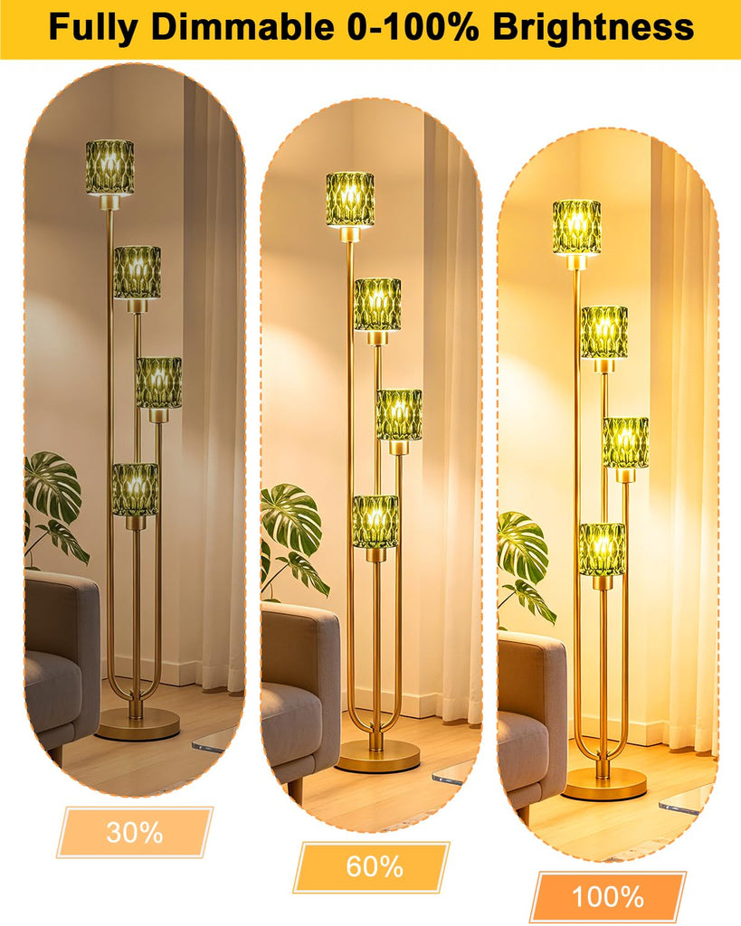 Vintage 4-Light Green Glass Floor Lamp, Dimmable Gold Standing Tall Lamp for Reading, Mid Century Modern Floor Lamp