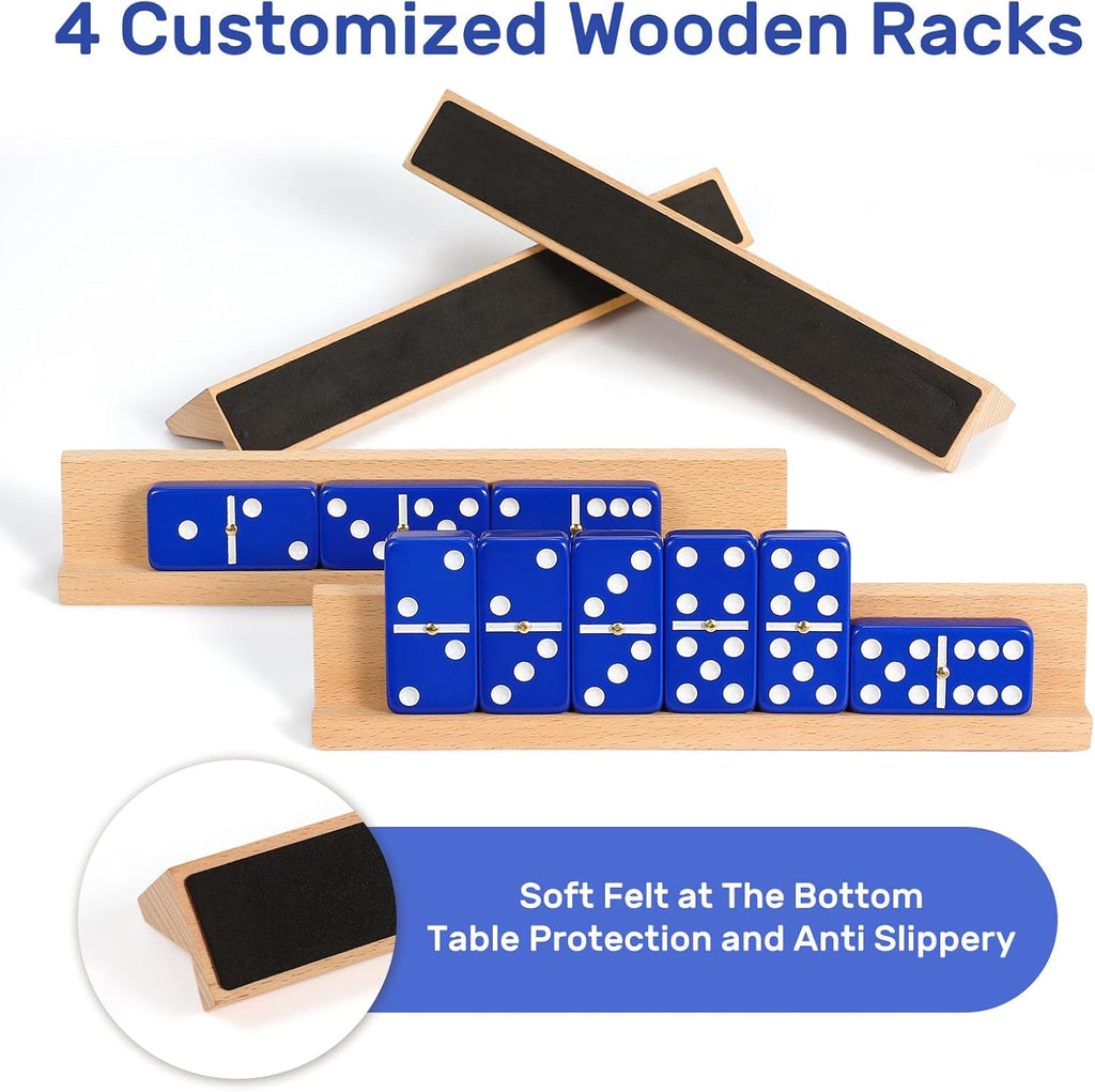 Dominoes Set for Adults with 4 Wooden Racks/Trays, Double Six Travel Portable Case 6 Tiles Holders, 28 Dominos Family - Set of 28