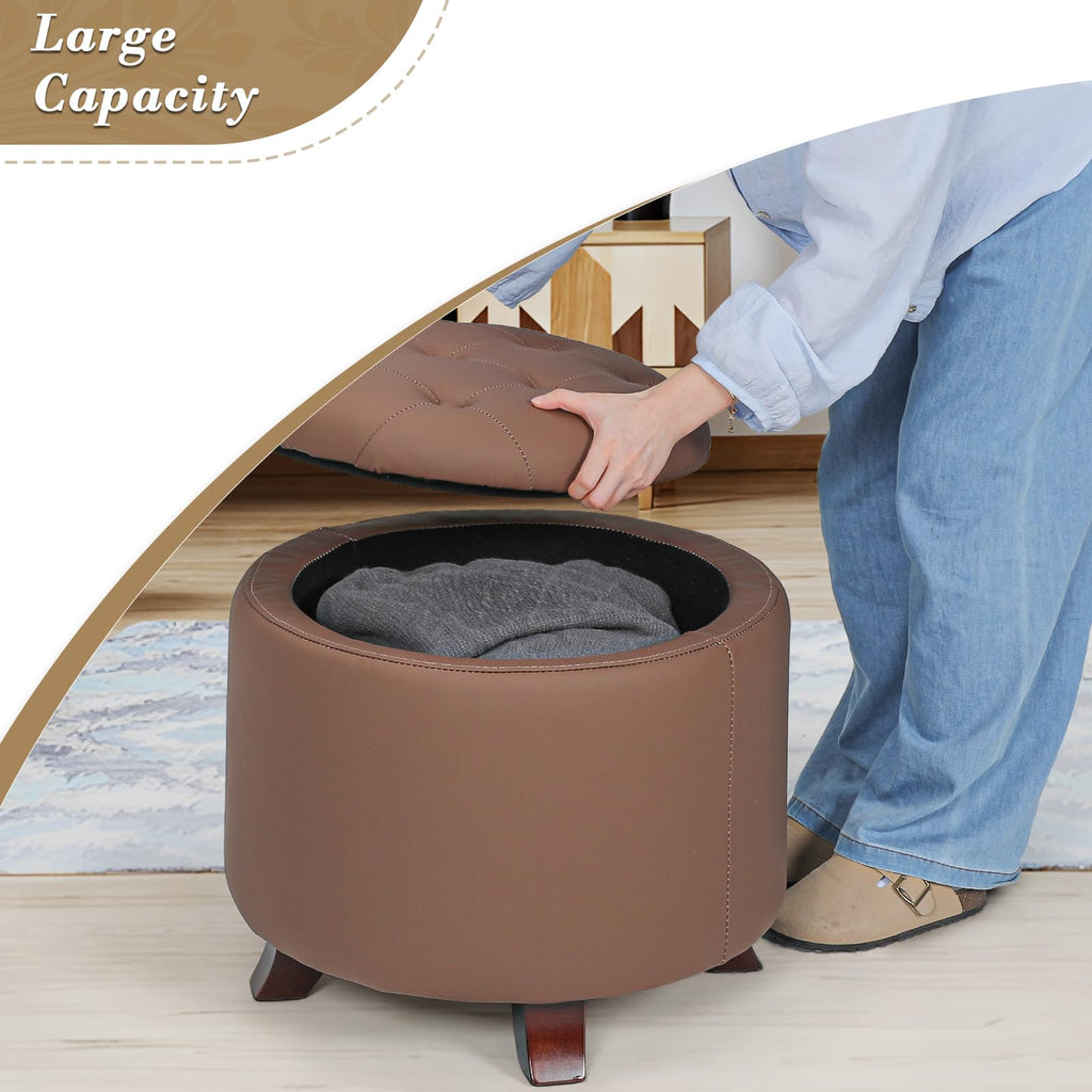20 Inch Small Ottoman with Storage, Round PU Leather Storage Ottoman with Removable Lid, Stylish Footstool Foot Rest