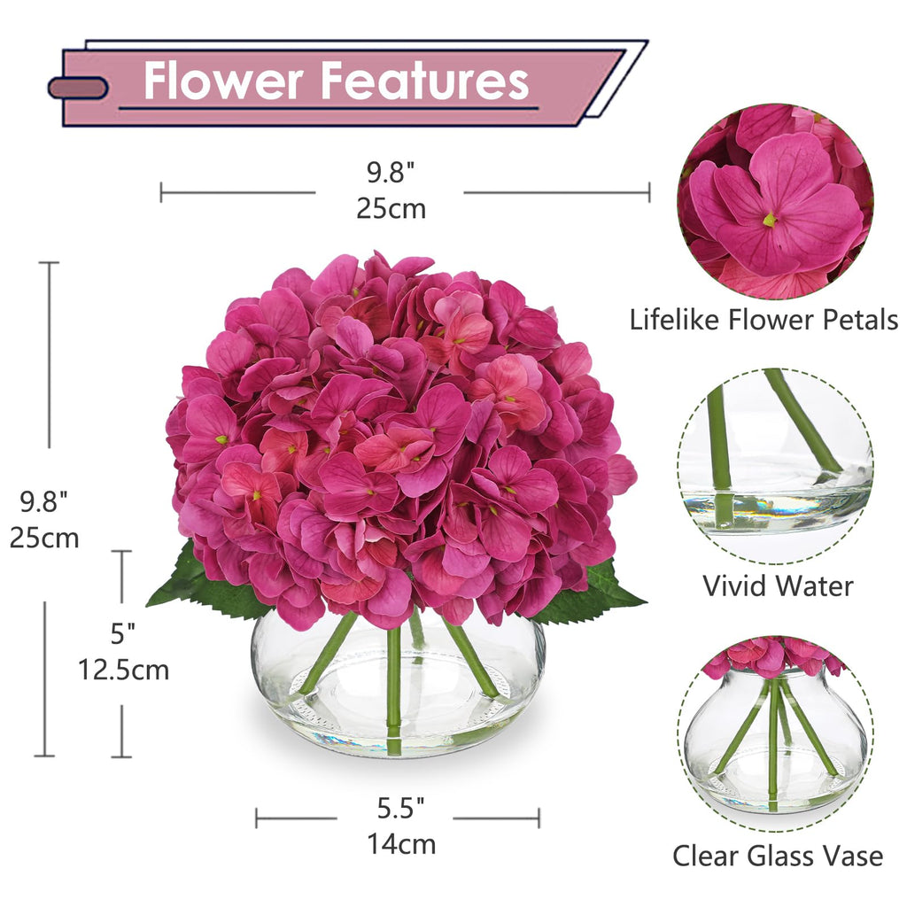 Real Touch Hydrangea with Glass Vase Rose Pink Full Latex Hydrangeas Artificial Flowers in Vase Lifelike Bouquets