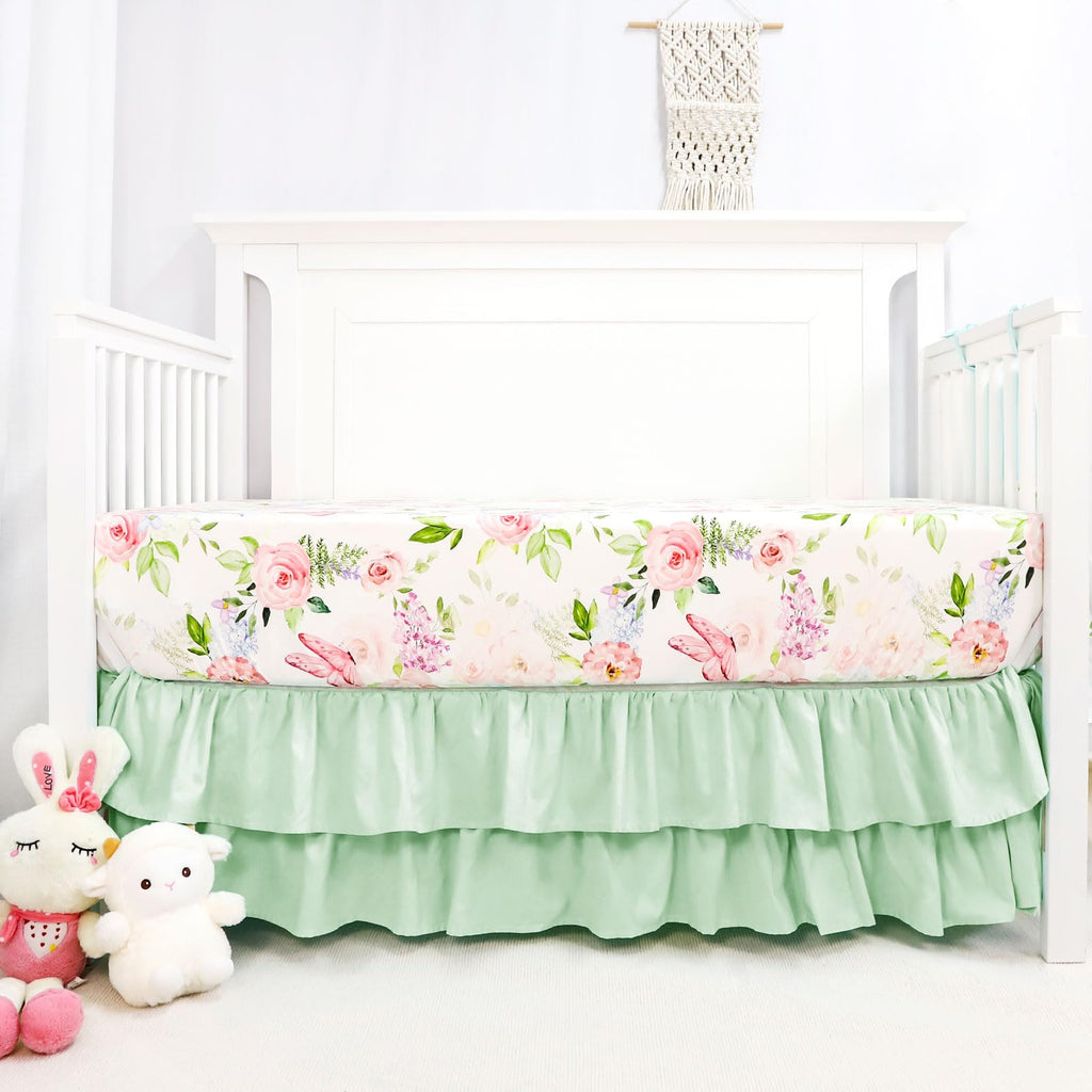 4 Piece Crib Bedding Set for Girls, Baby Girl Crib Bedding Set Butterflies Floral Nursery Bedding Set Includes