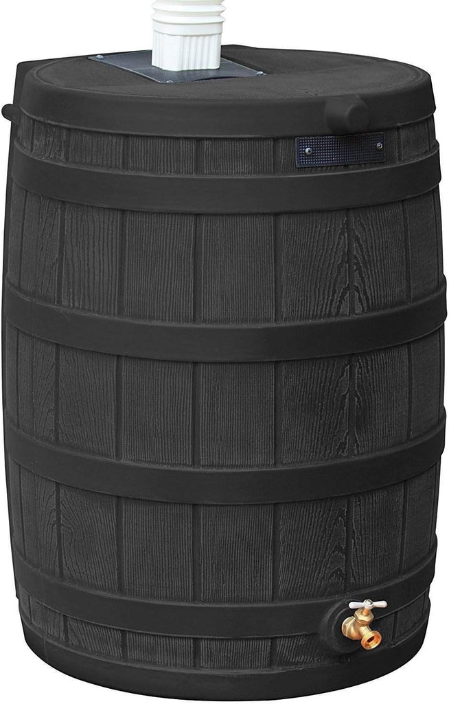 Rain Wizard Water Collection Barrel, 50 Gallon, Black, 2 Pack | Faux Wood Design - Plastic Outdoor Home Rain Barrel