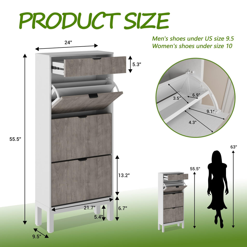 Fluted Shoe Storage Cabinet with 3 Flip Drawers, White+Grey