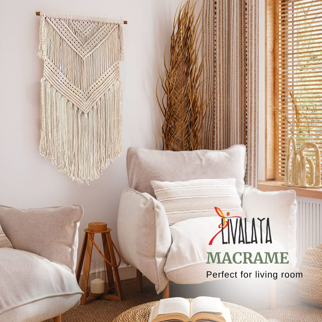 Boho Macrame Woven Wall Hanging Beige 16 x 36 Inch Modern Bohemian Wall Decor