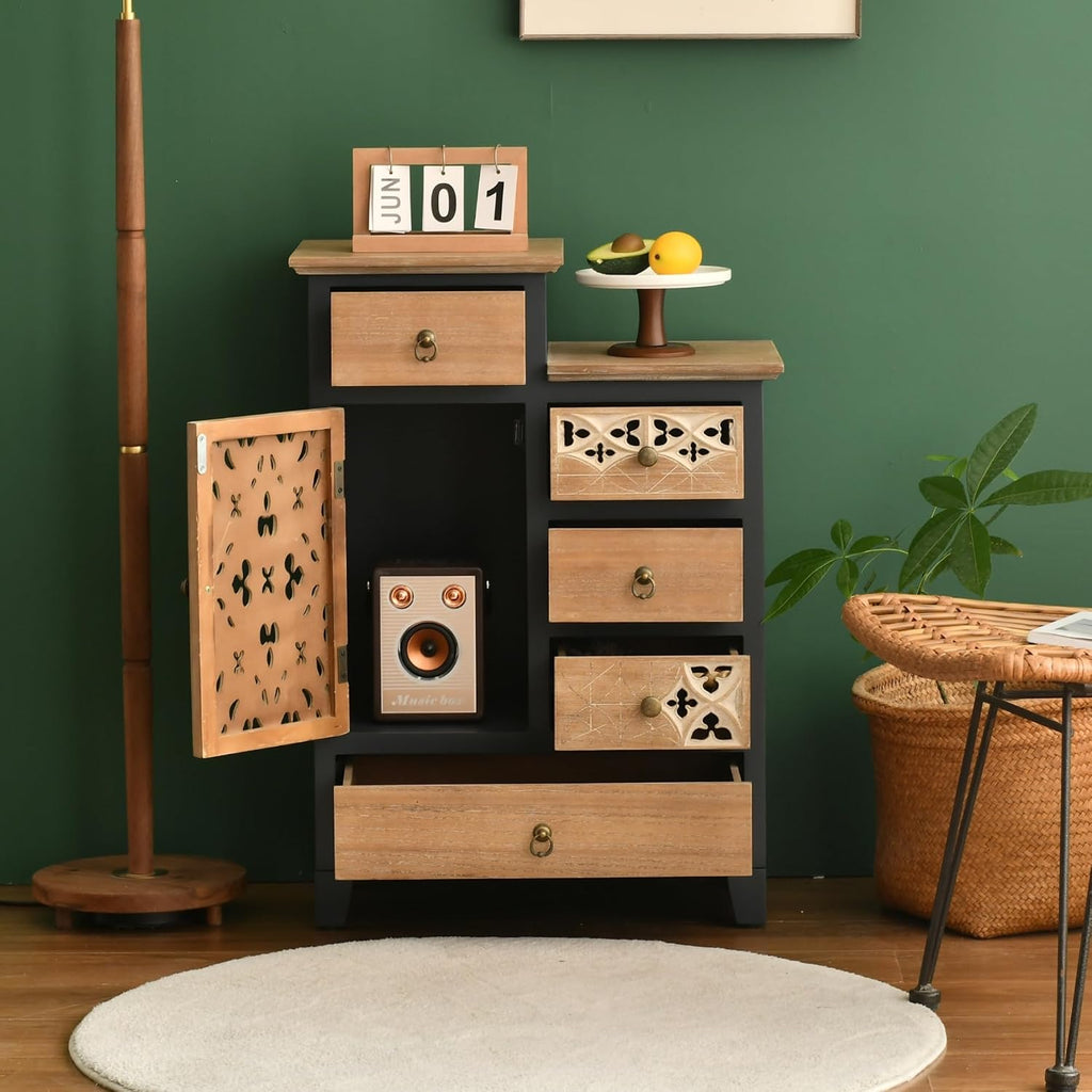 Farmhouse Accent Chest with Carved Door and 5-Drawers, Vintage Storage Cabinet Modern Dresser , Multi-Drawer