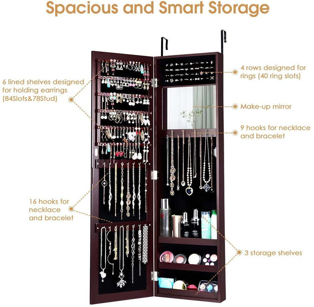 Jewelry Armoire, Over the Door/Wall Mounted, Jewelry Organizer with Full Length Mirror & Inside Makeup Mirror, Large
