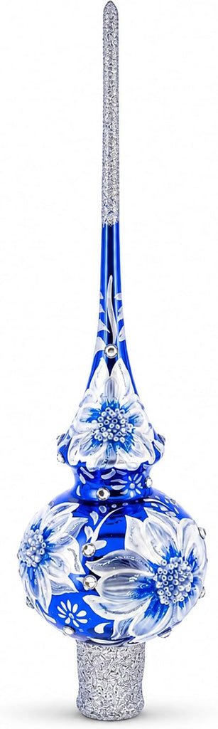 Elegant Cobalt Bloom with Glittering Accents Glass Christmas Tree Topper