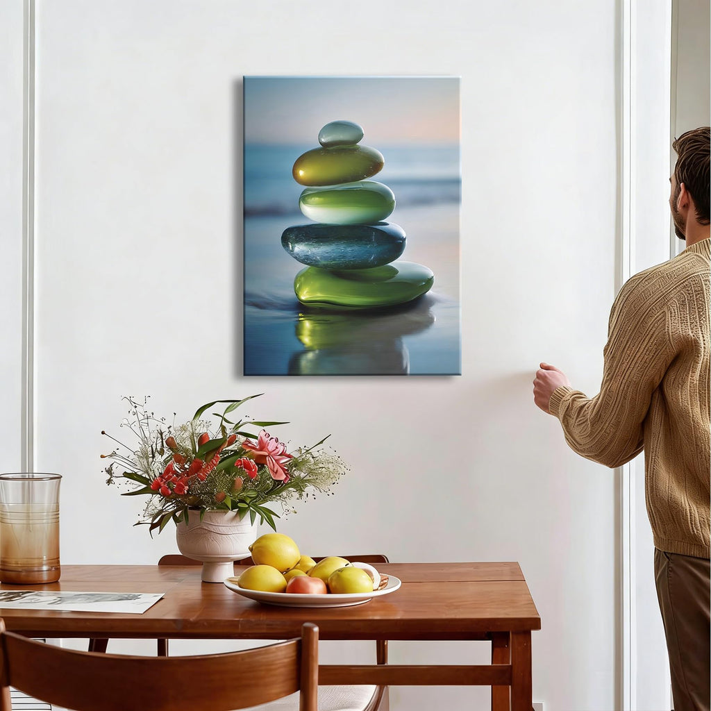 Framed Stacked Glossy Beach Stone Canvas Art, Soft Ocean Background Canvas Prints Pictures, relaxing wall decor