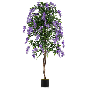 6FT Ficus Artificial Tree, Faux Wisteria Tree Pot with Purple Lifelike Flowers, Fake Potted Tree Greenery Floor Plant