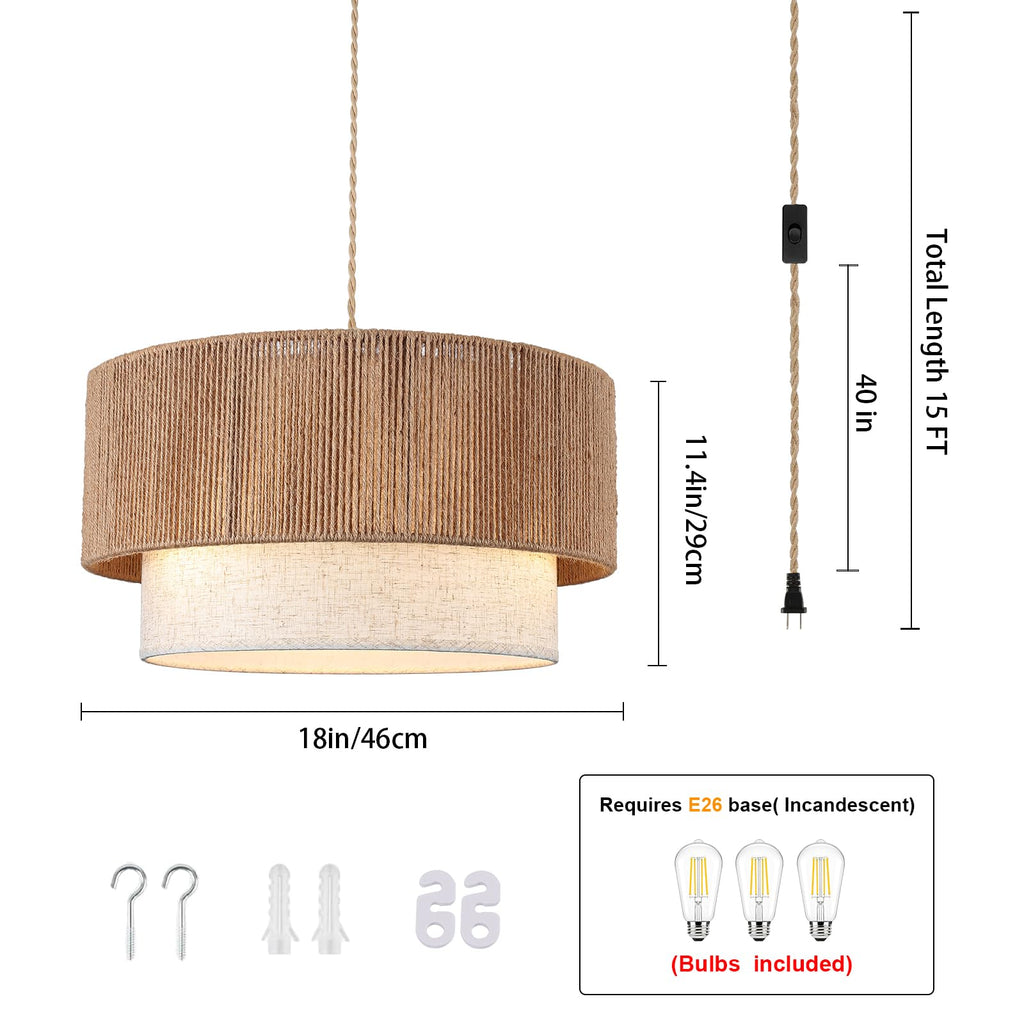 Plug in Pendant Light, 18" Rattan Plug in Chandelier with 18FT Light Cord, Plug in Boho Hanging Pendant Light Living