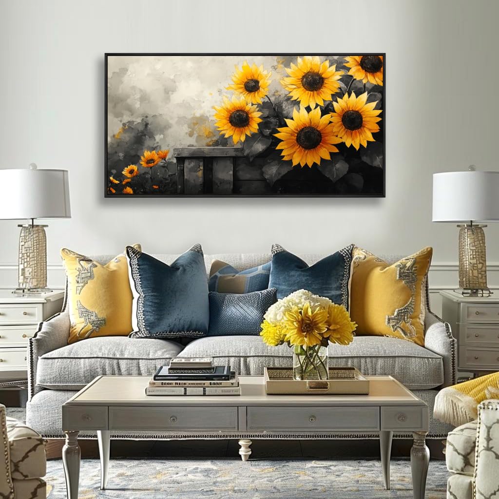 Sunflower Wall Art Canvas Painting, 20 x 40 inches, Black and Yellow Flower Canvas Prints Rustic Farmhouse Sunflower