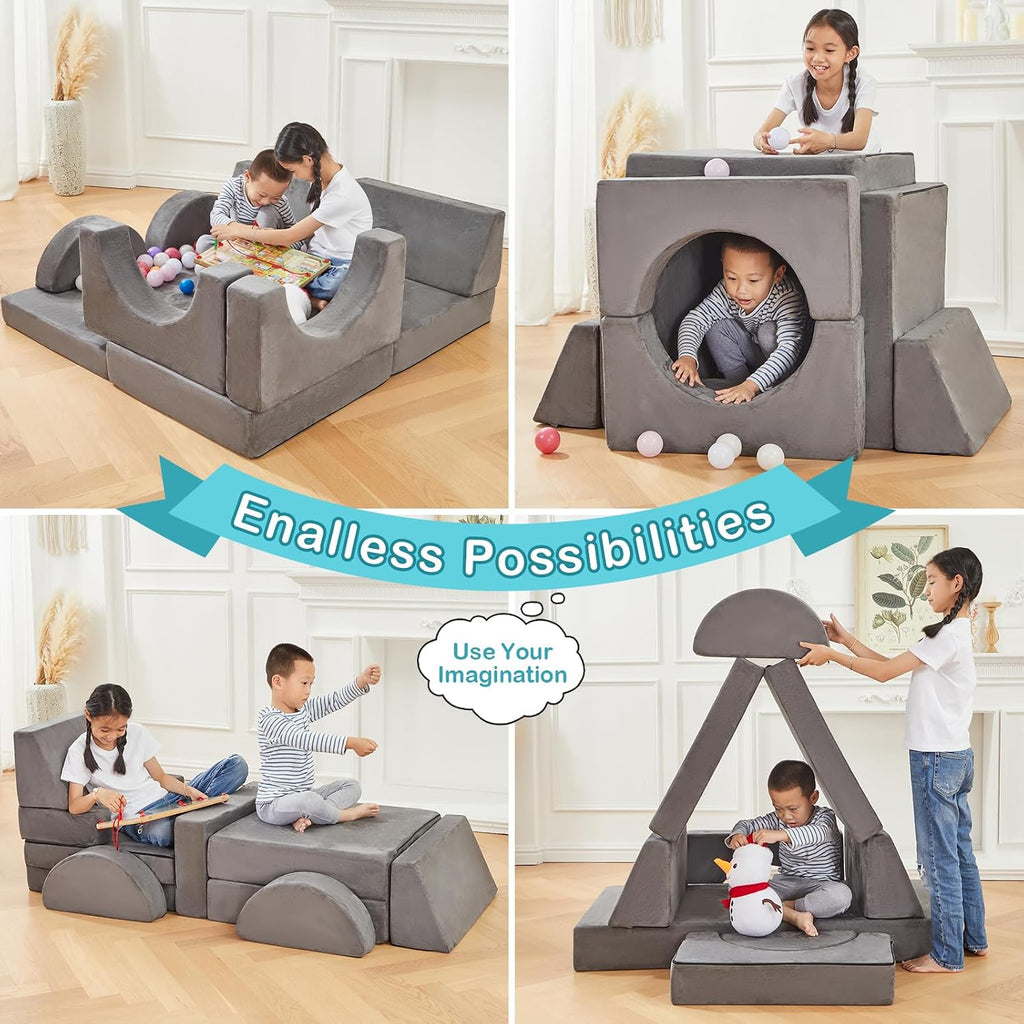 Modular Kids Play Couch, Fort Building Kids Couch for Room, Toddler Sofa That Folds, Grey