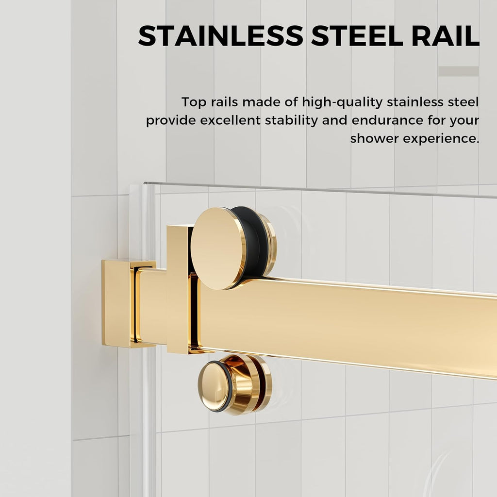 56-60.in W x 72.in H Frameless Shower Door, Water Repellent Gold Shower Door with SGCC Clear Tempered Glass