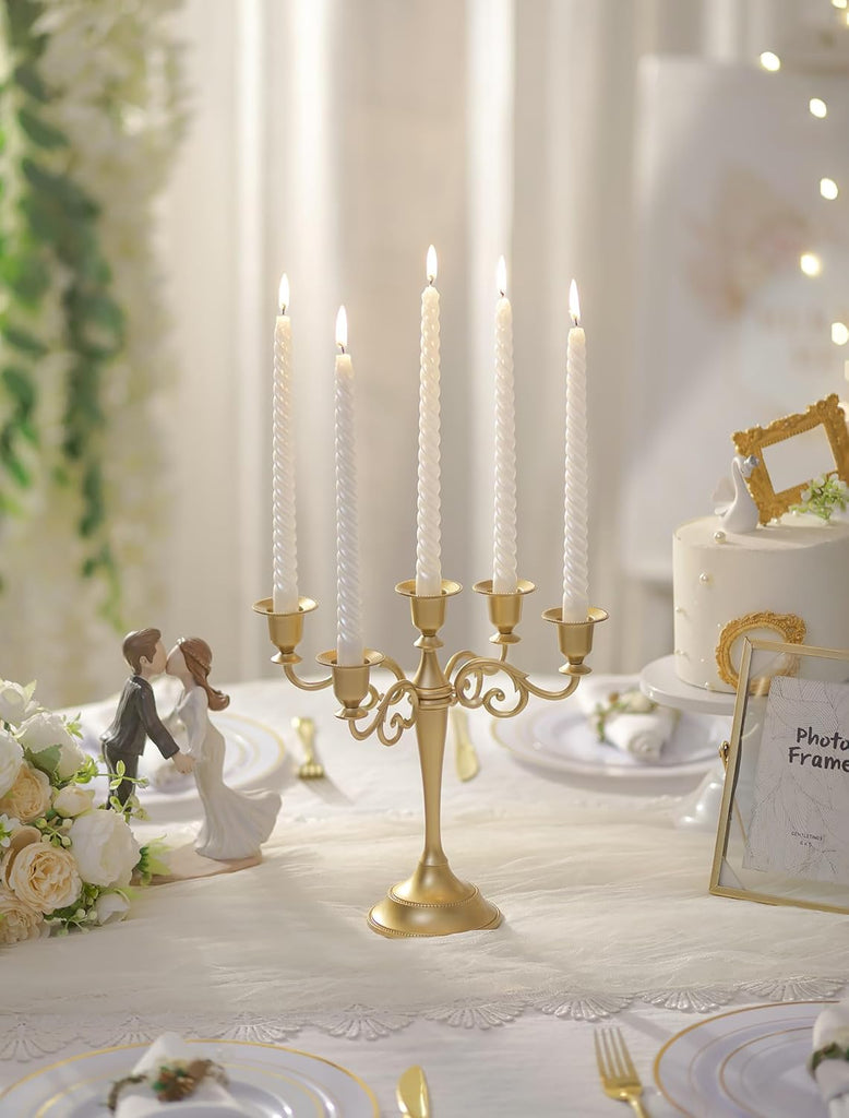 Gold Candelabra Table Centerpiece: 10 Inches Candelabra Candle Holder for Taper Candlesticks - 5 Arms Metal