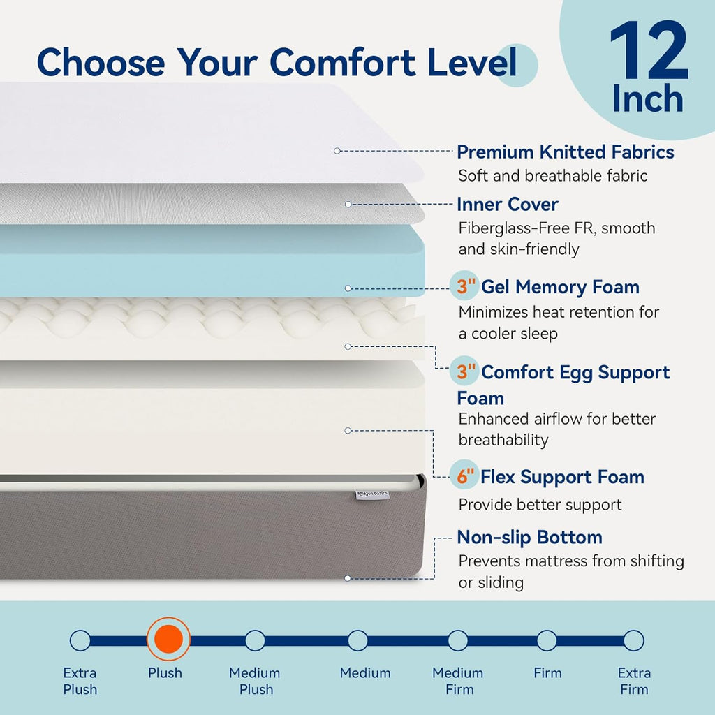 Memory Foam Mattress, Soft Plush Feel, Breathable, California King, White/Grey, 84 x 72 x 12 inches (LxWxH)