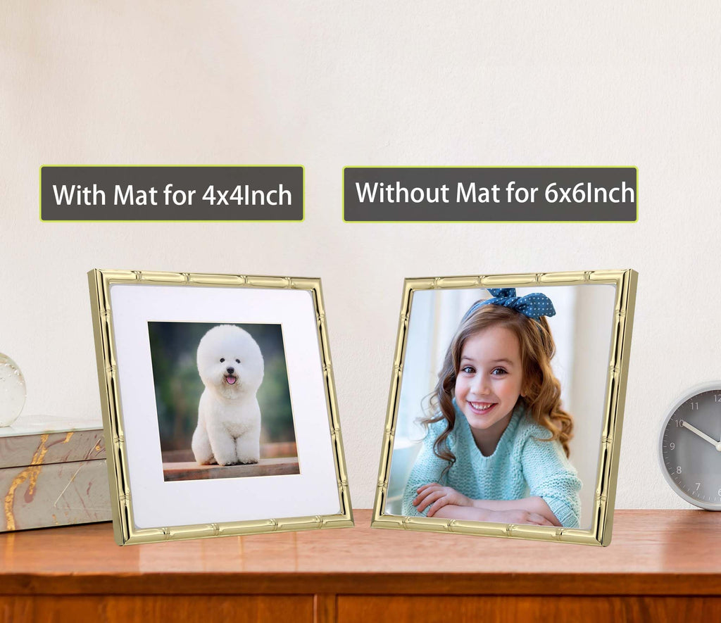 6x6'' Sqaure Gold Metal Picture Frame With Mat for 4x4'' Set of 2, Bamboo Detail Designs Gold Plated Photo Frames