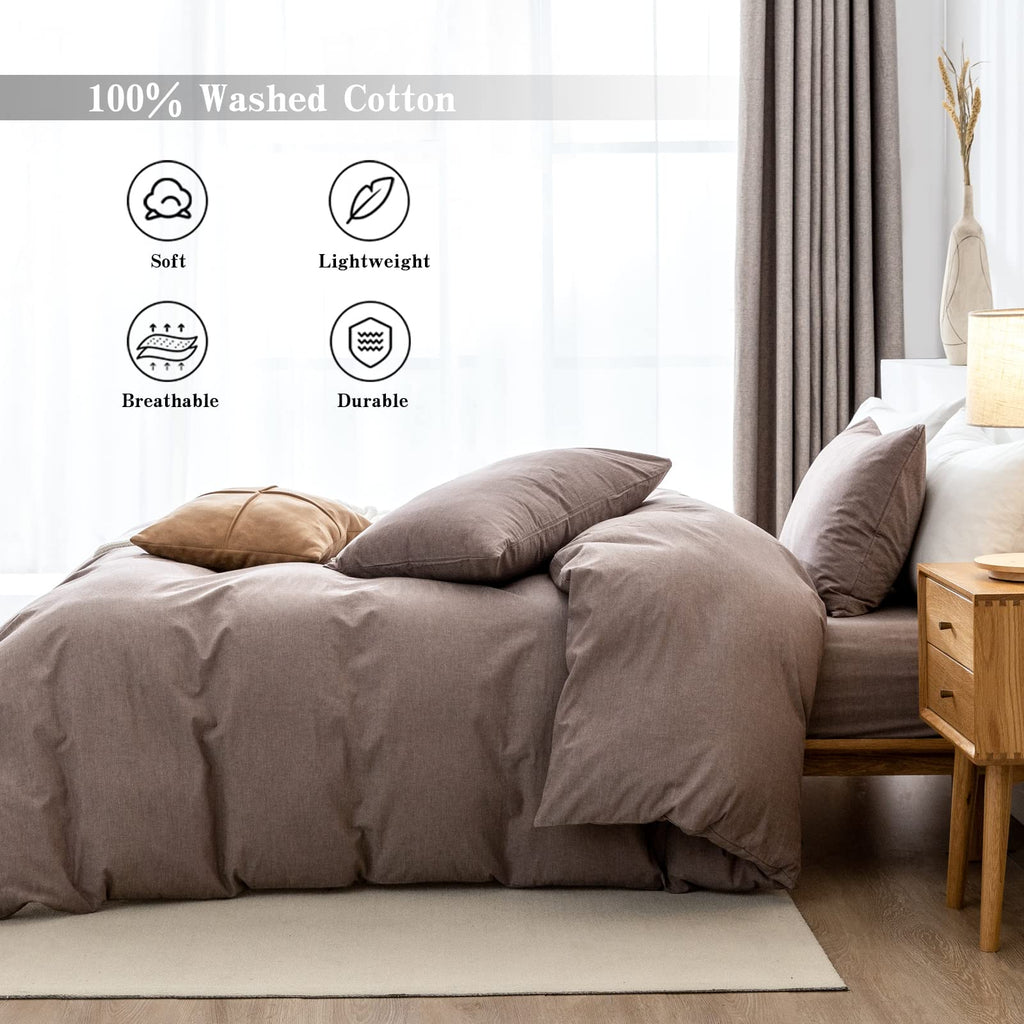 Duvet Cover Set- 100% Washed Cotton 3 Pcs Soft Comfy Breathable Chic Linen Feel Bedding, 1 Duvet Cover and 2