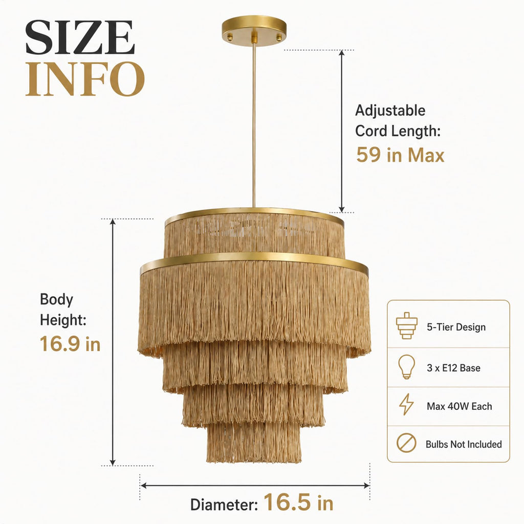 5-Tiered Boho Chandelier with Metal and Fringe, 3 Lights Fringe Pendant Light Fixture, Tassle Chandelier, Baby