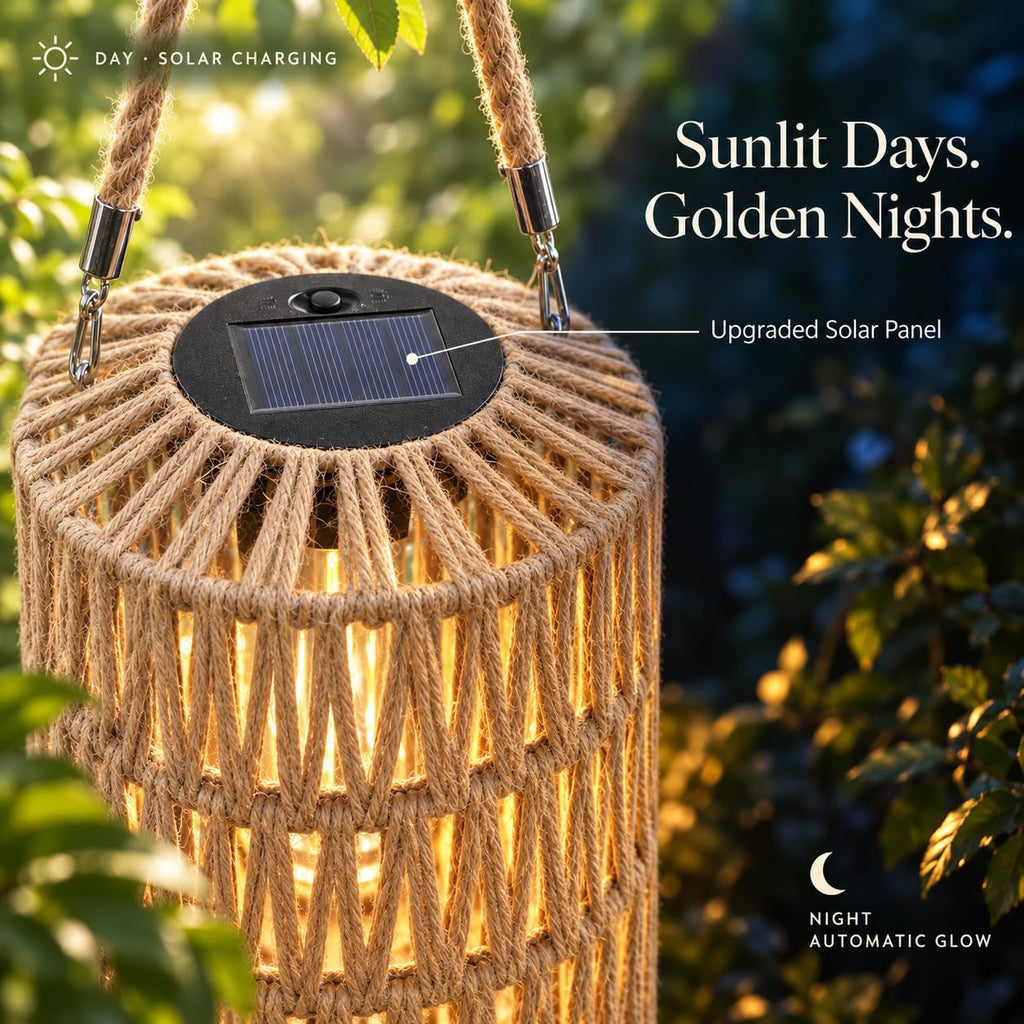 8.27" Large Solar Rope Lanterns Outdoor Hanging Natural Plant-Fibers