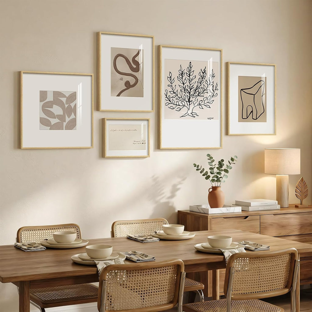 Framed Matisse Abstract Neutral Wall Art, 5 Piece Large Beige Canvas Prints Set, Modern Minimalist Geometric