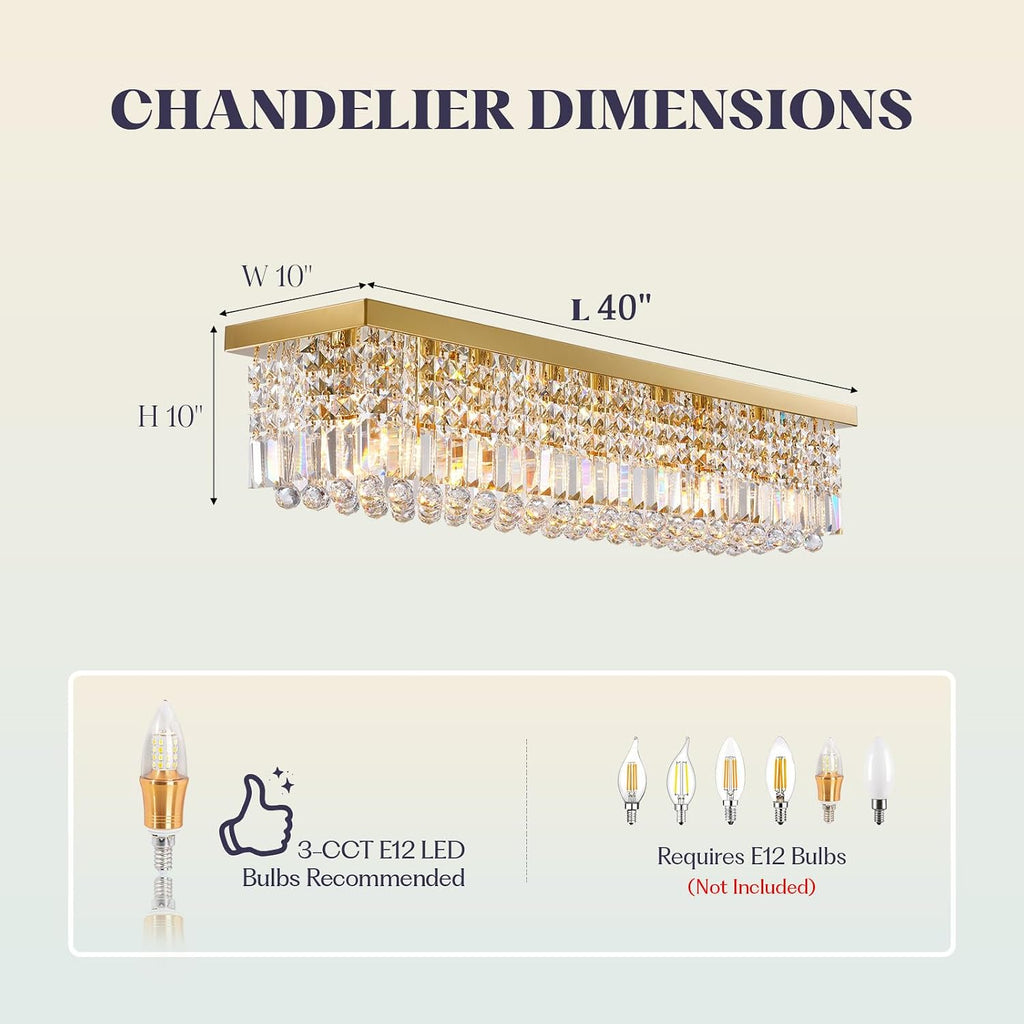 Rectangle Chandelier 8-Light Crystal Chandeliers, Modern Dining Room Light Fixture Luxury Gold Rectangular Flush